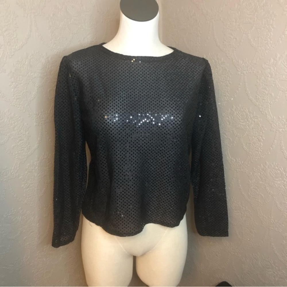 Vintage sheer sparkle sequin top Large L black sheer